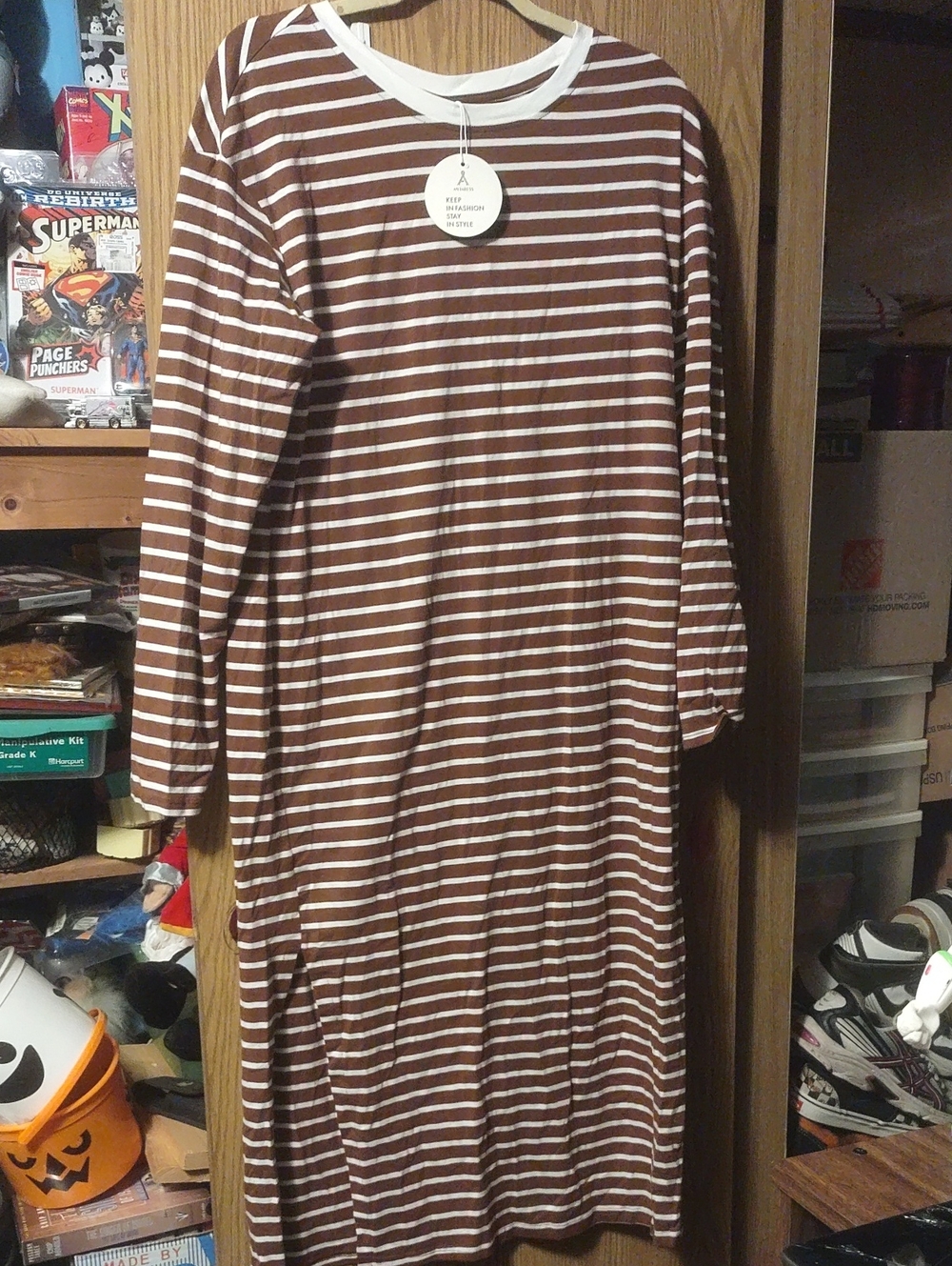 Striped Midi Dress with Contrast Neckline